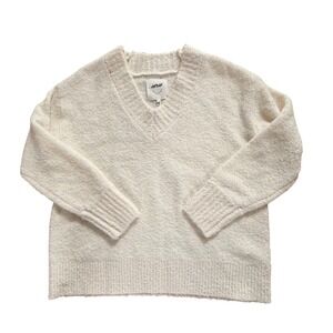 NWT Aerie Cozy V Neck Boucle Knit Sweater Cream Beige Fuzzy Warm Size M